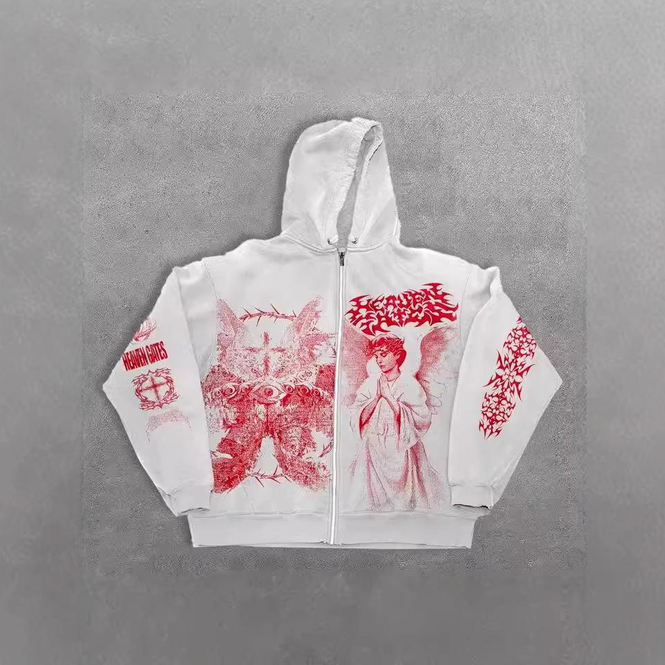 American Autumn and Winter Angel Print Hoodie Zipper Men's and Women's Loose Sweater Retro Style