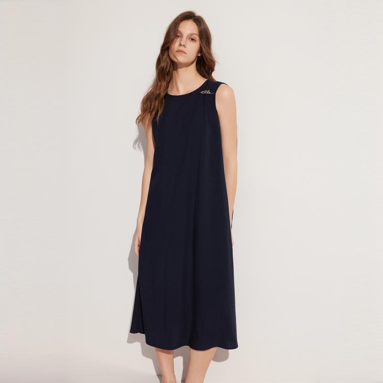 ELLE French Style Logo Design Mid-Length Slimming Little Black Dress Sleeveless Dress Women Dresses Dark-Blue EL48776
