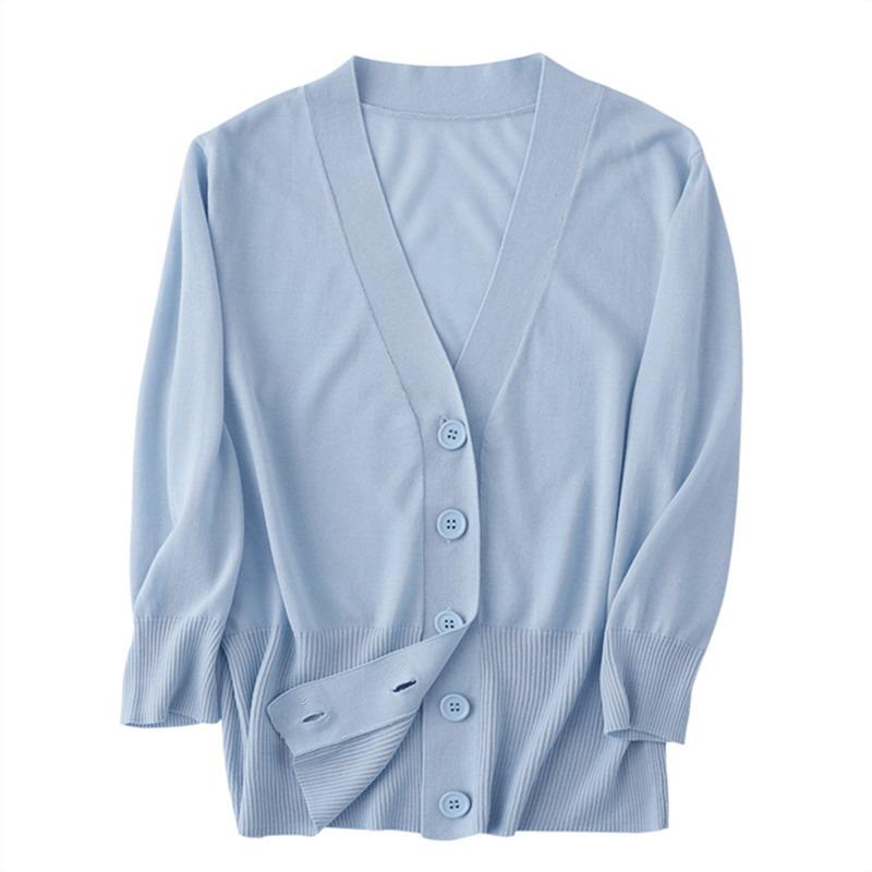 Summer V-neck Ice Silk Knitted Cardigan Shirt Women's Thin Outer Short Coat Long Sleeve Casual Simple Jackets Ladies Solid Color Clothes 3091