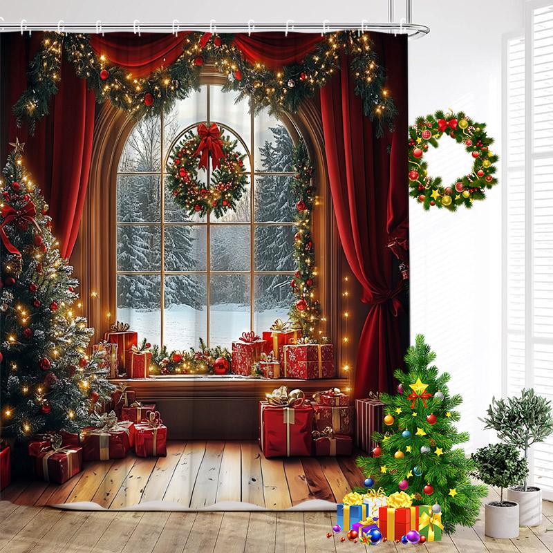 Red Christmas Shower Curtain Xmas Trees Gift Window Winter Forest Scenery New Year Home Wall Hanging Bathroom Decor With Hooks