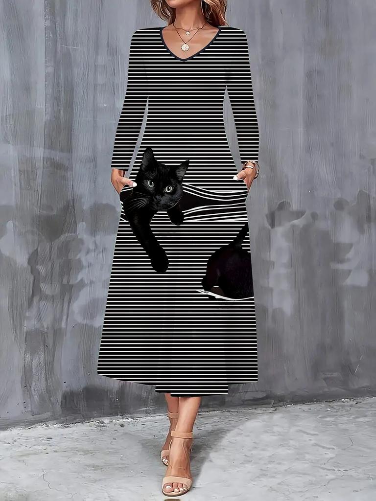 2025 Autumn and Winter New Women Casual Fashion Dress Autumn 3D Cat Print Long Sleeve V-Neck A-Line Dresses