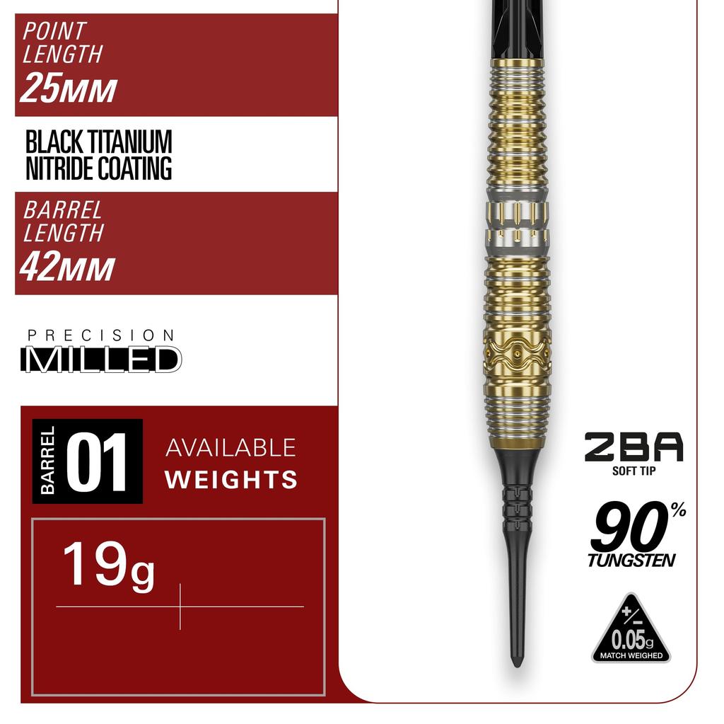 Target Japan PRIME SERIES HOT SHOT G2 90% 2BA SOFT TIP DARTS | 90% Tungsten K-Flex 2BA Soft Tip Dart Set, 19G | K-Flex No. 6 Shape Flights and Shafts