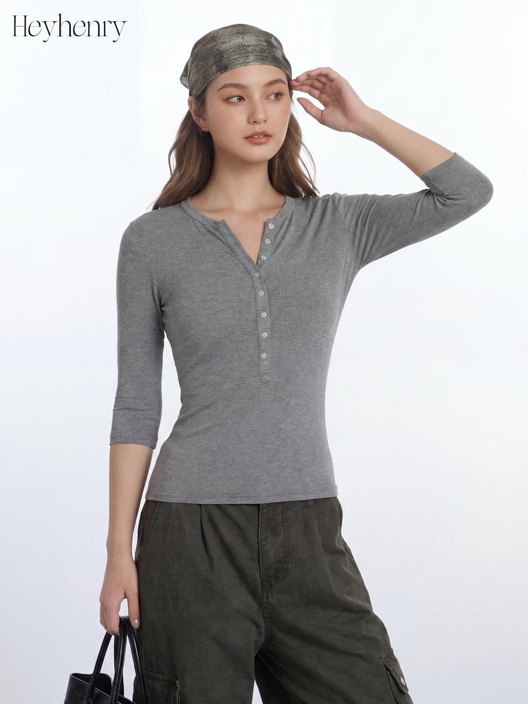 HeyHenry Damen Slim Fit Henley-Kragen 3/4 Ärmel Unifarbenes Oberteil