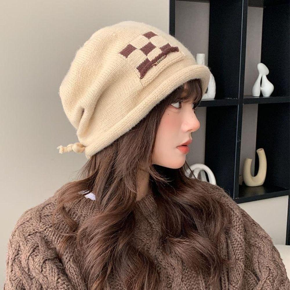 Keep Warm Drawstring Knitted Hat Warm Cold Proof Pullover Cap Plush Ear Protection Hat Cold Weather