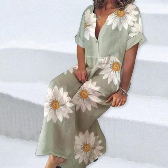 

Женское платье с короткими рукавами, V-образным вырезом и пуговицами, свободное в богемном стиле, трапециевидной формы с цветочным принтом, повседневное, мягкое, дышащее