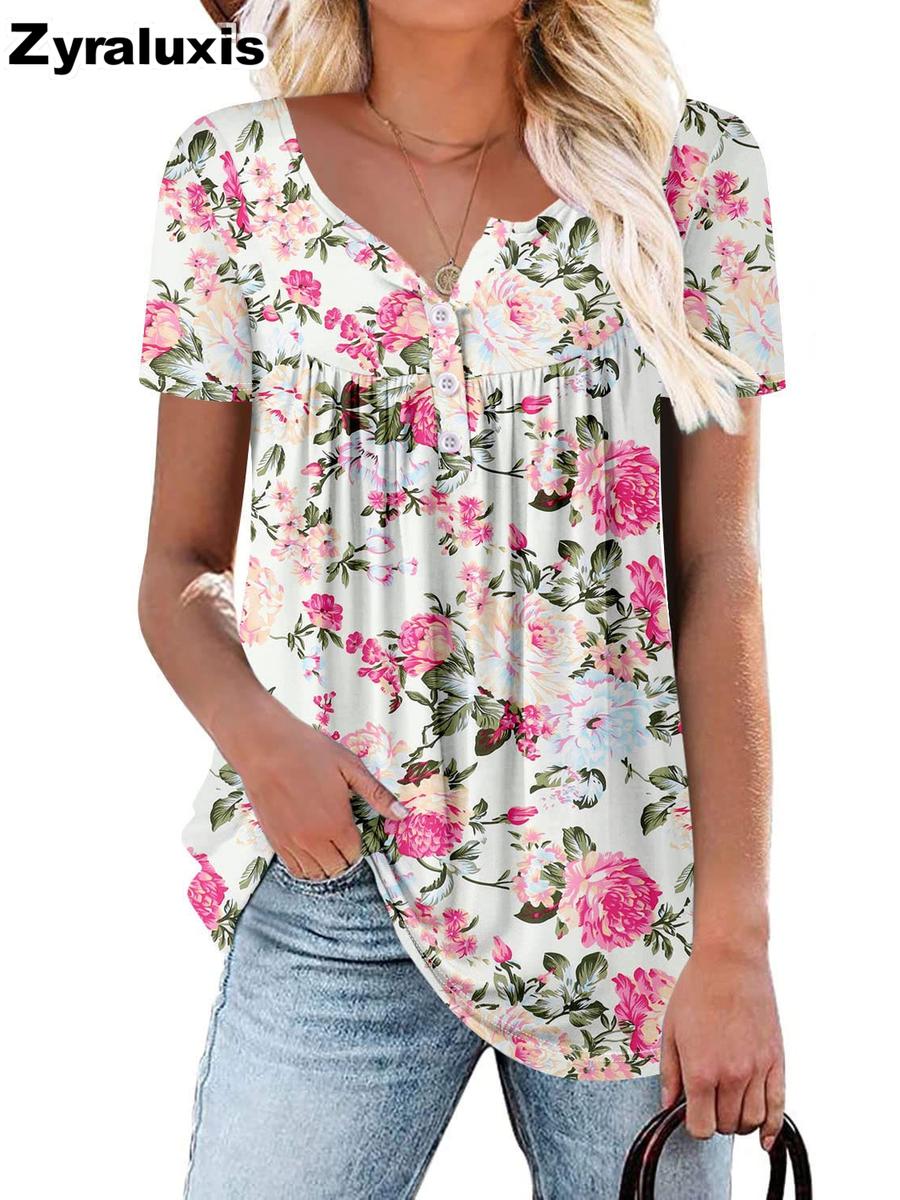 New Summer Plus Size Women s Fashion Button Floral Print Short Sleeve Top 1XL белый