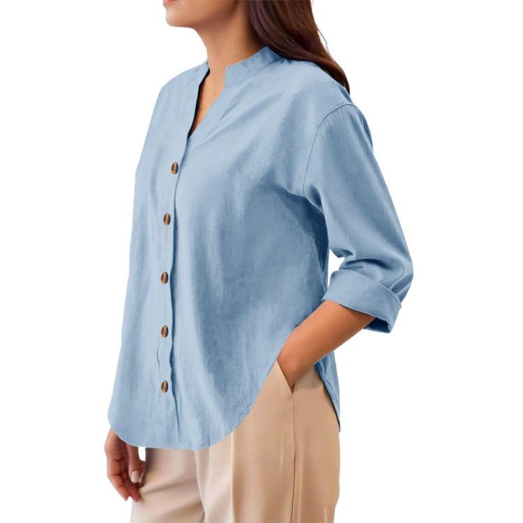 Lightweight Casual Blouse Loose Fit Button Down Shirt Long Sleeve Stand Collar Everyday Wear Relaxed Fit Women