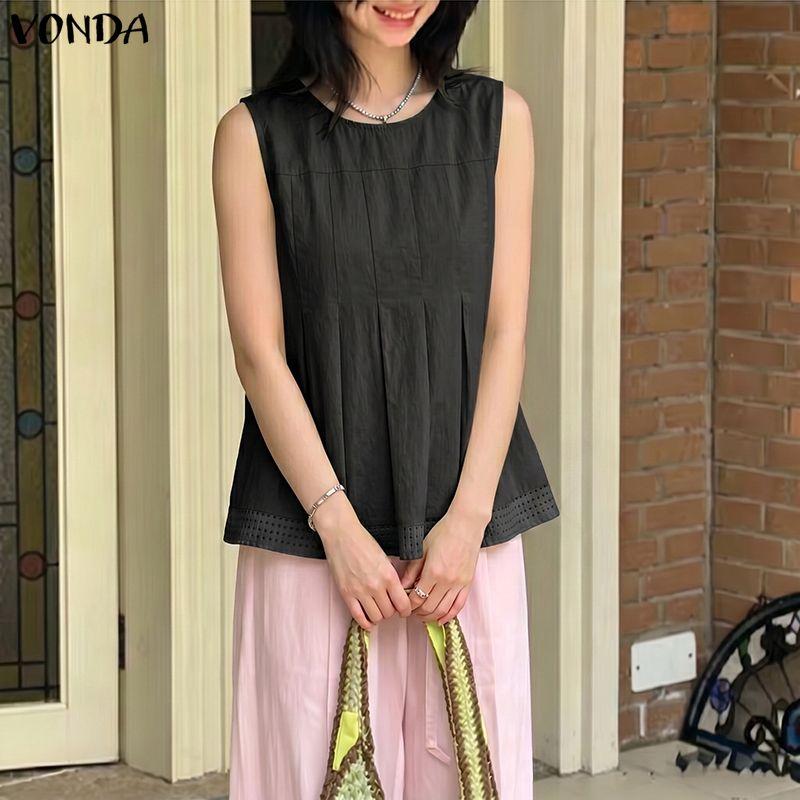 VONDA Women Summer Sleeveless Splicing Hem Ruffled Casual Tank Tops