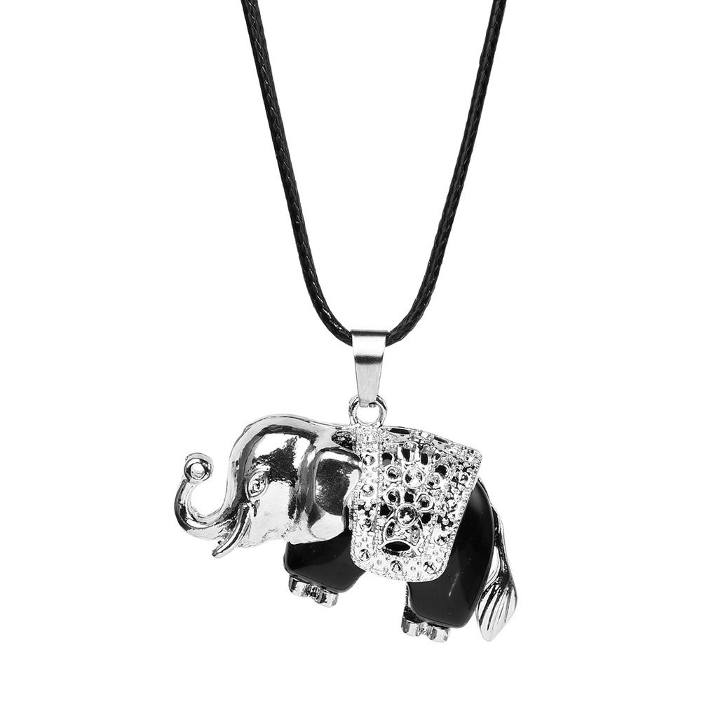 1Pcs Natural Stone Elephant Pendant Necklace for Both Men and Women, Tiger Eye Stone Leather String Necklace
