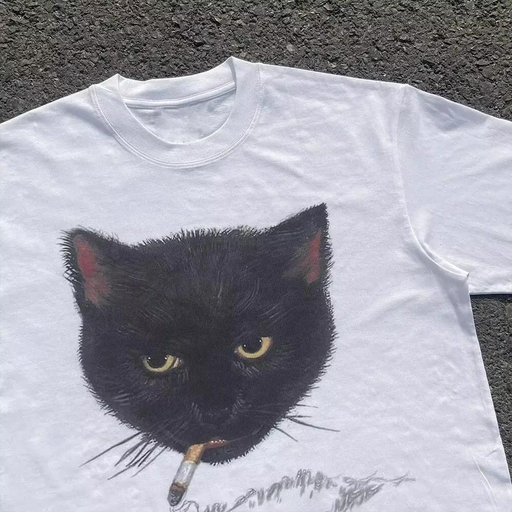 Y2k Wrinkled Cat Graphic Print Punk 90s Grunge Retro Hip Hop Style White Top Tshirt Emo Aesthetic Clothes Harajuku Y2K Top