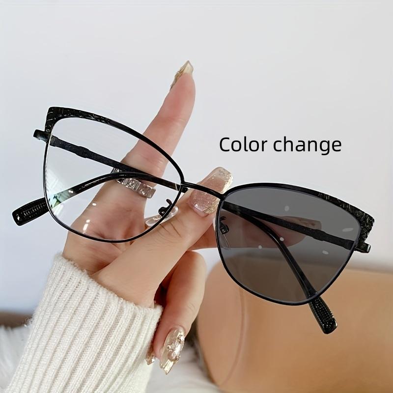 1Pcs Fashionable New Cat Eye Frame Women'S Trendy Metal European And American Flat Mirror Color Changing Anti Blue Light Glasses