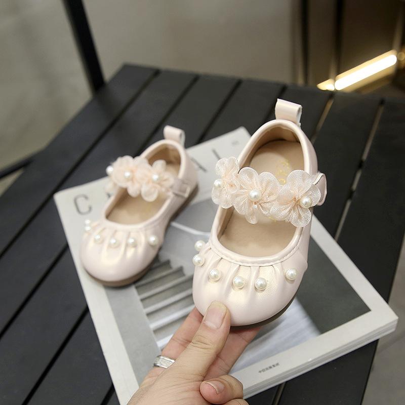 Kids Pink Flower Pearl Decor Mary Jane Shoes 15 розовый