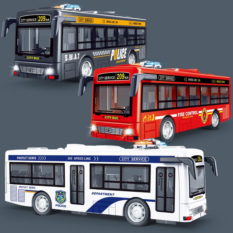 Plastic Bus Kids Model Toy With Inertia Drive Sound Light And Opening Doors