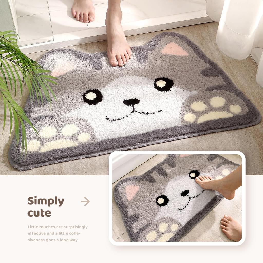Cute Cat Bath Mat, Plush Microfiber Bathroom Rug Water Absorbent Bath Rug Non-Slip Soft Shower Rug Thick Shaggy Animal Floor Mats, Machine Washable,