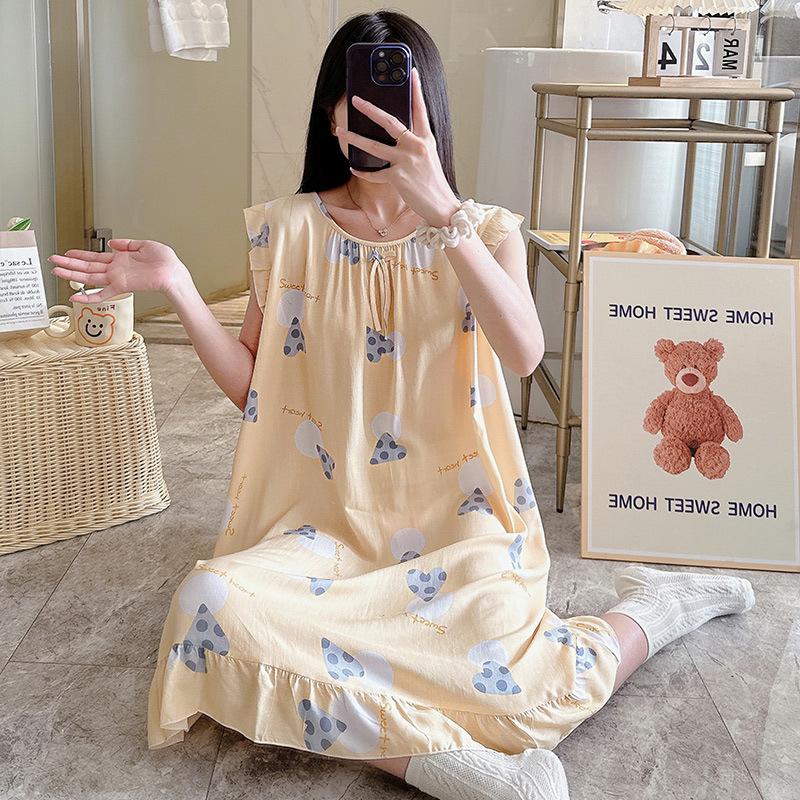 Cotton and Silk Nightgown Women's Spring, Summer and Autumn Casual Short-sleeved Large-size Printed Pajamas Summer Thin High-end Sensitive Cotton Whol