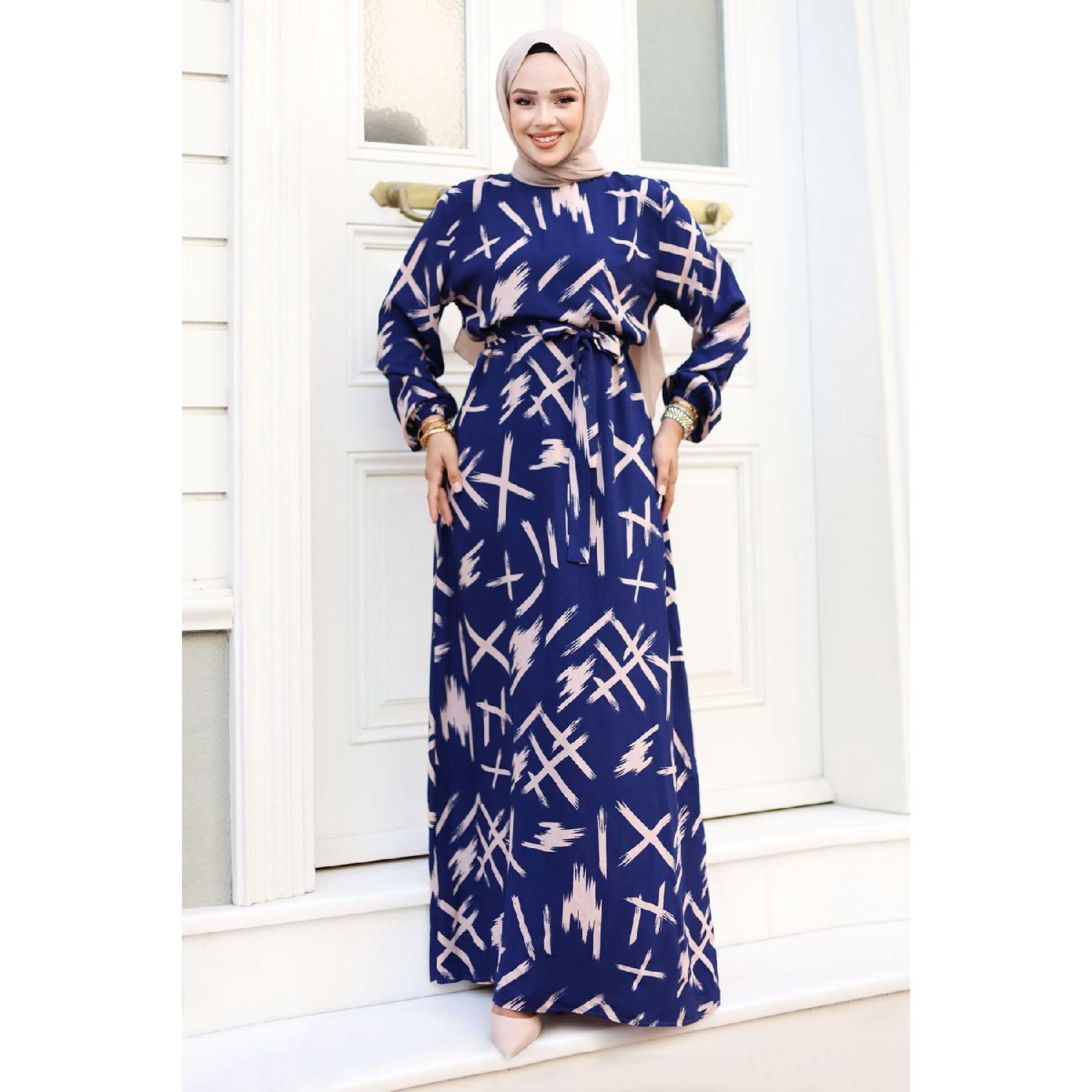 

Brush Patterned Belted Waist Dress Tsd240228 Indigo 44 бежевый