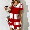Summer Fashion Women's V Neck Short Sleeve Retro Geometric Pattern Printed Dress Sex Short Skirt Dresses