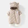 Winter Baby Bodysuit Solid Bear Ear Hooded Thickened Warm Newborn Jumpsuit Soft Toddler One-Piece Outfit