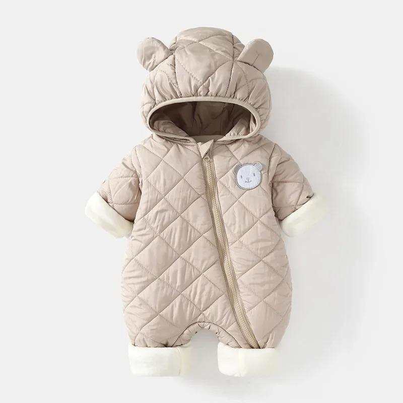 Winter Baby Bodysuit Solid Bear Ear Hooded Thickened Warm Newborn Jumpsuit Soft Toddler One-Piece Outfit