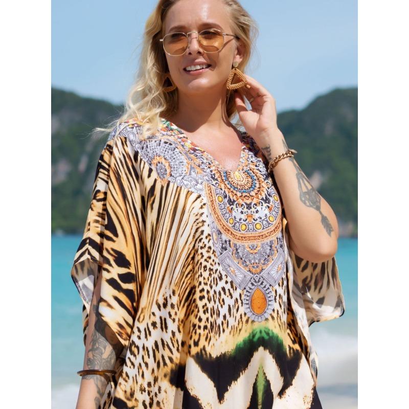 Damska Moda Lato Wiosna Panterka Rękawy 1/2 Dekolt V Luźna Talia Sukienki Casualowe