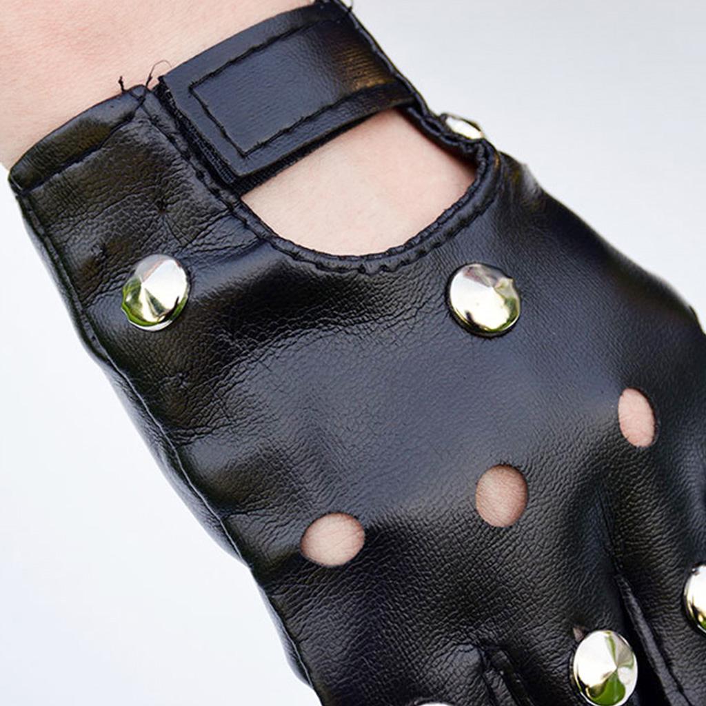 Black Half Finger Motorcycle Mittens Solid Color Faux Leather Gloves for Unisex