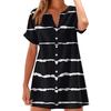 Women Fashion Casual V-neck Short Sleeve Button Stripe Print Dress