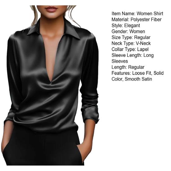 Women Shirt Lapel V-Neck Long Sleeve Smooth Satin Shirt Tops Pure Color Loose Fit Smooth Satin Office Lady Shirt Daily Wear