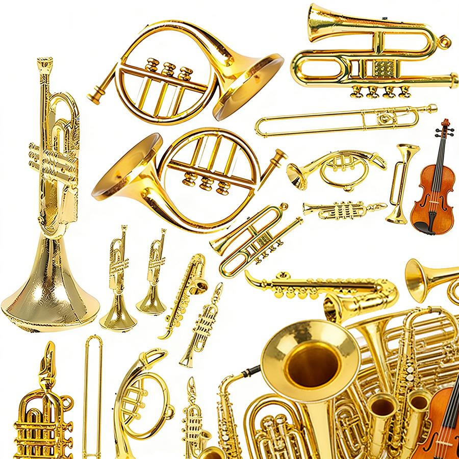 7/14pcs Mini Golden Musical Instrument Ornaments 2-7cm Miniature Guitar Violin Horn Saxophone Dollhouse Decor Desktop Display