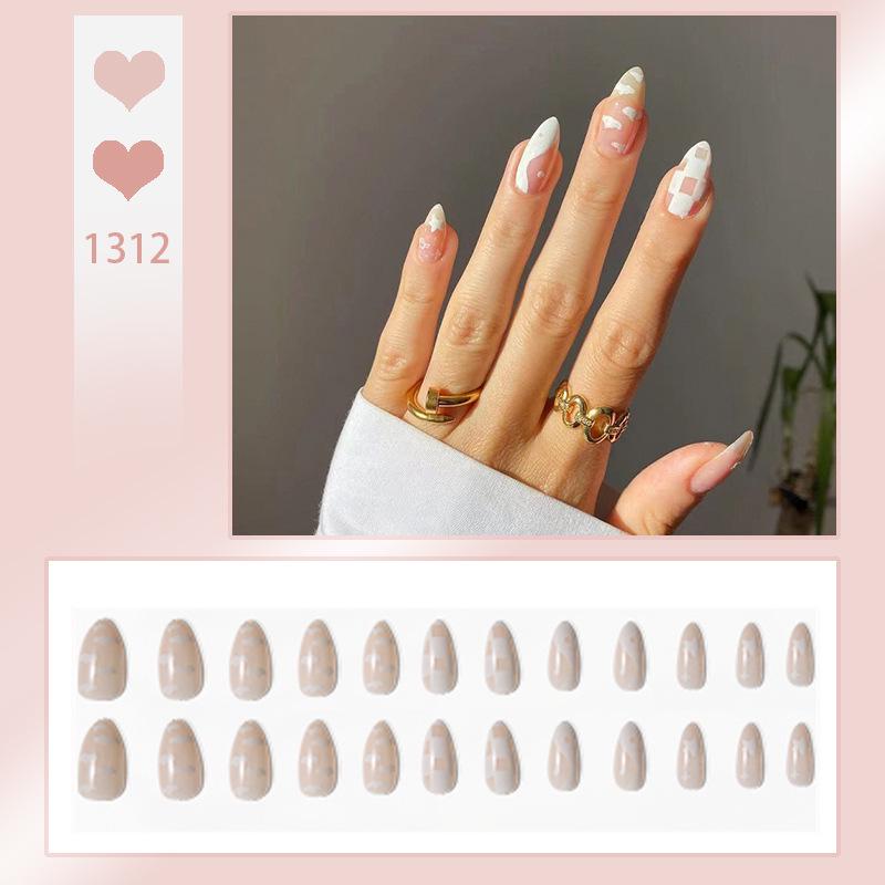

Pink & White Checkered Wearable Medium-Long False Nail Stickers Glue Kit