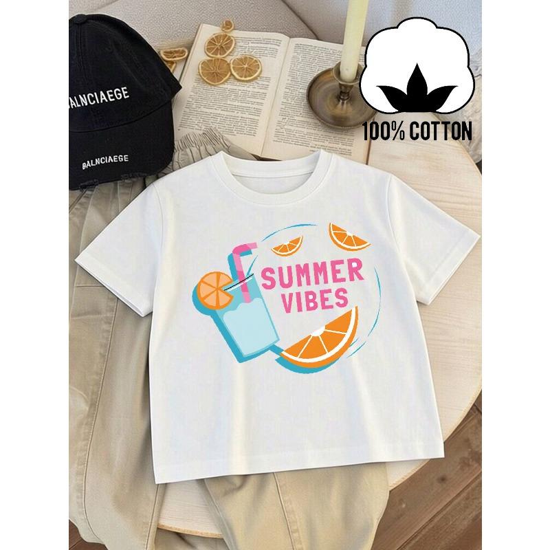 European sizes Boys  T-Shirt Summer Vibes Cocktail Orange Slice, Ideal for Outdoor Activities, Soft Knitted Top, Comfortable And Breathable 110 белый