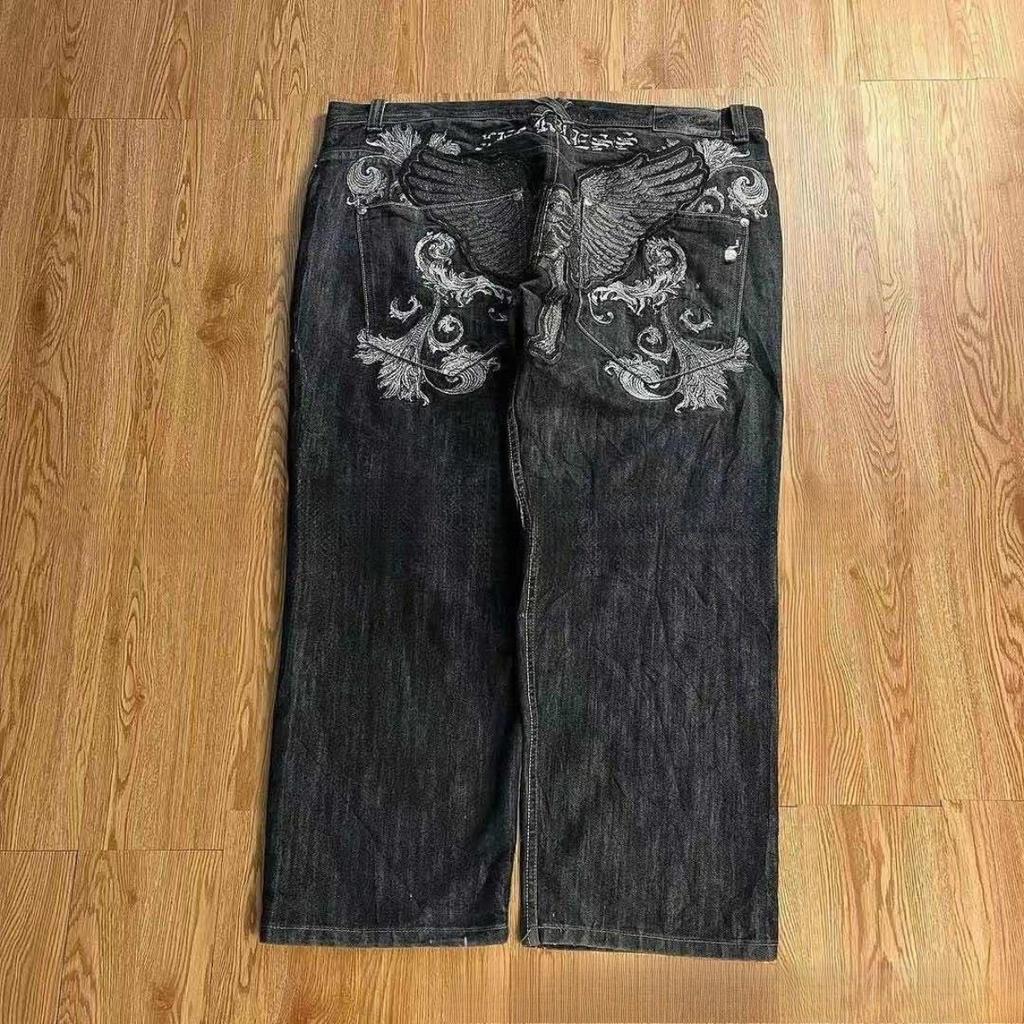Pantalones vaqueros de pierna ancha estilo gótico estilo retro americano de estilo Y2K con letras bordadas y parches personalizados