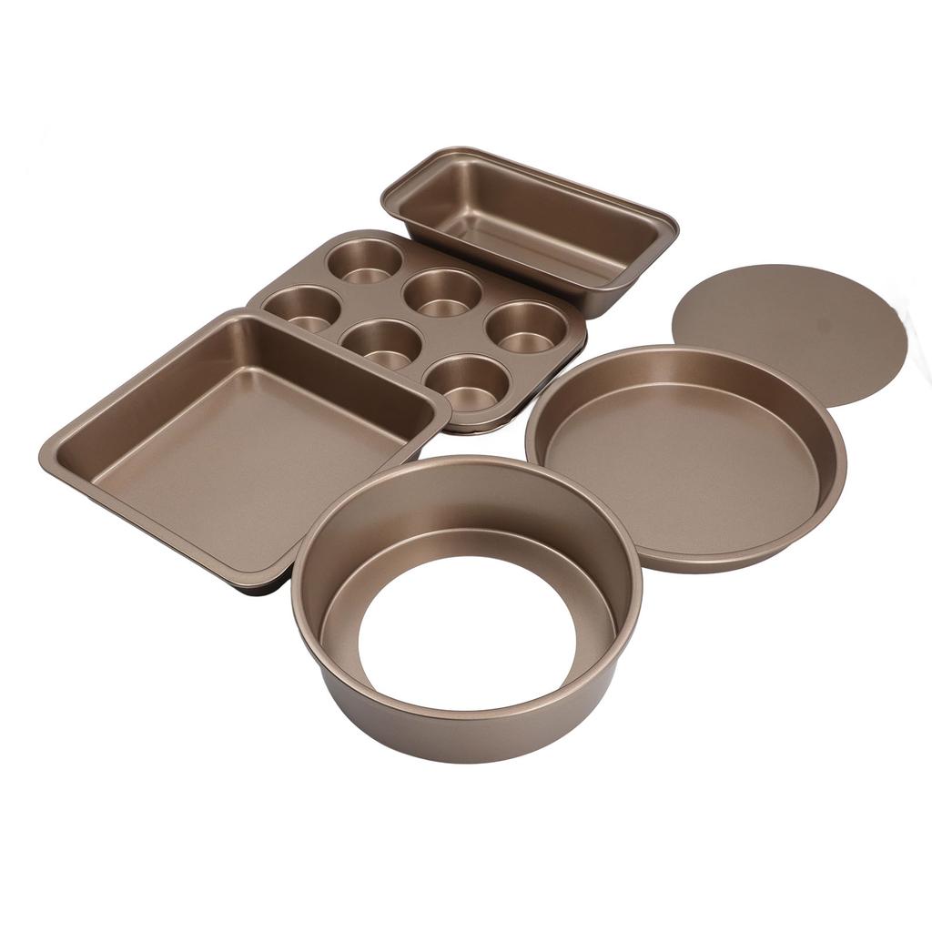 6-teiliges Backform-Set mit losem Boden, Antihaftbeschichtung, Kohlenstoffstahl, Kuchen-, Pizza-, Brotbackform für die Heimküche, Gold