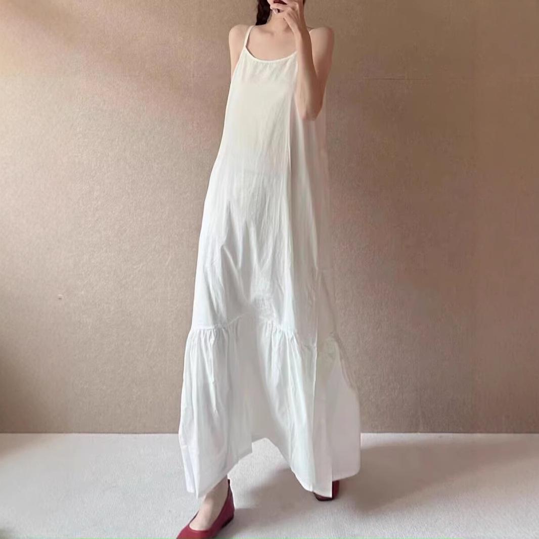 

2025 Summer Retro Simple Sling Solid Color Beach Maxi Dress XL білий