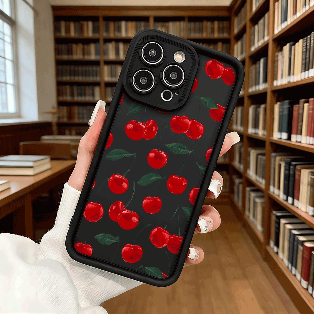 Rote Kirsche mit Blättermuster Handyhülle für iPhone 17 16 15 14 13 12 11 Pro Max Plus Kratzfest, Flexibles Gel Schutzhülle