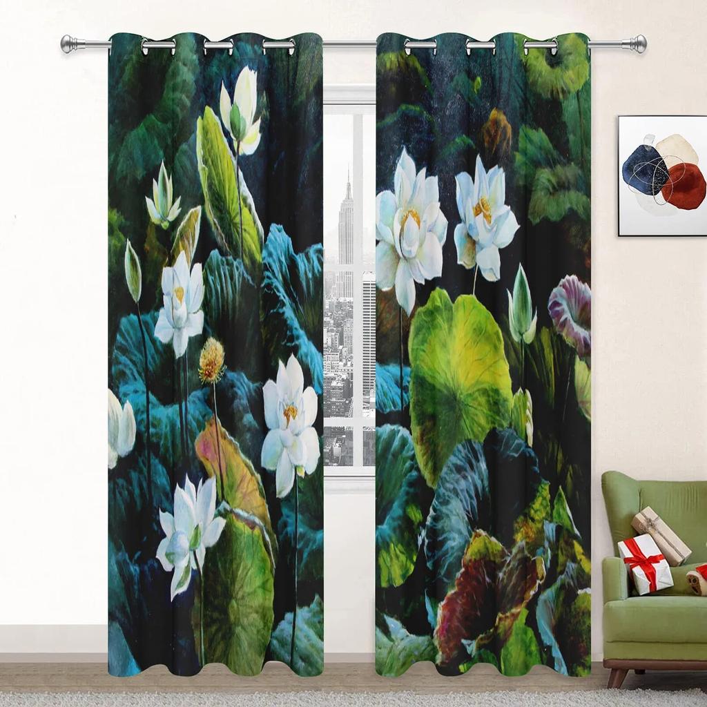 Lotus Curtains for Living Room Landscpe Thick Window Curtain for The Bedroom Aesthetic Room Decor Scenery High Shading Curtain