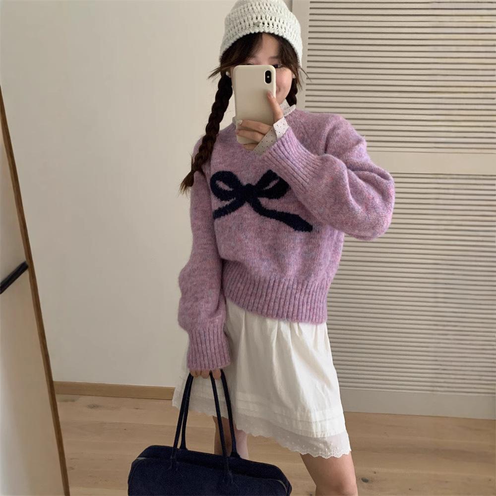 Korean Autumn Bow Detail Girly Style Knit Pullover Top Loose Round Neck Sweater