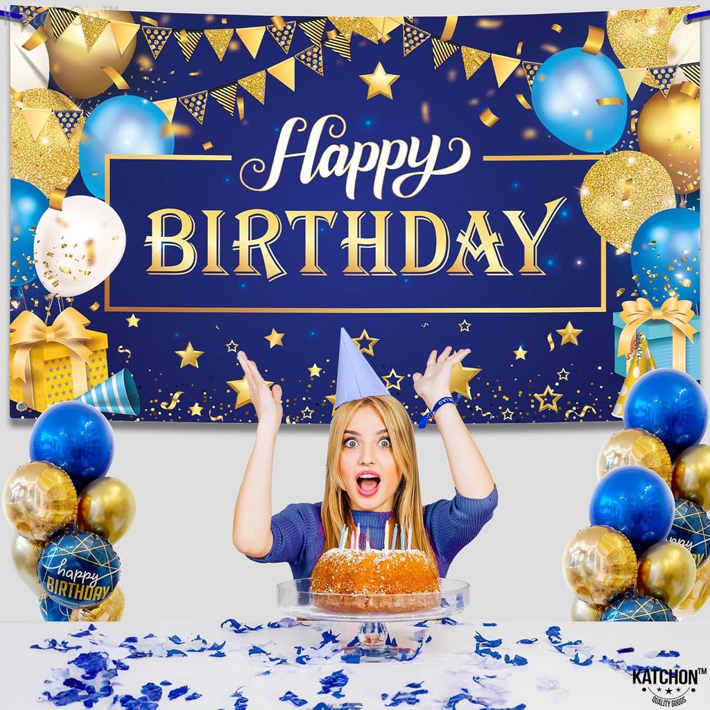 KatchOn, XtraLarge Gold and Blue Happy Birthday Banner - 72x44 Inch | Blue and Gold Birthday Backdrop for Happy Birthday Decorations | Party