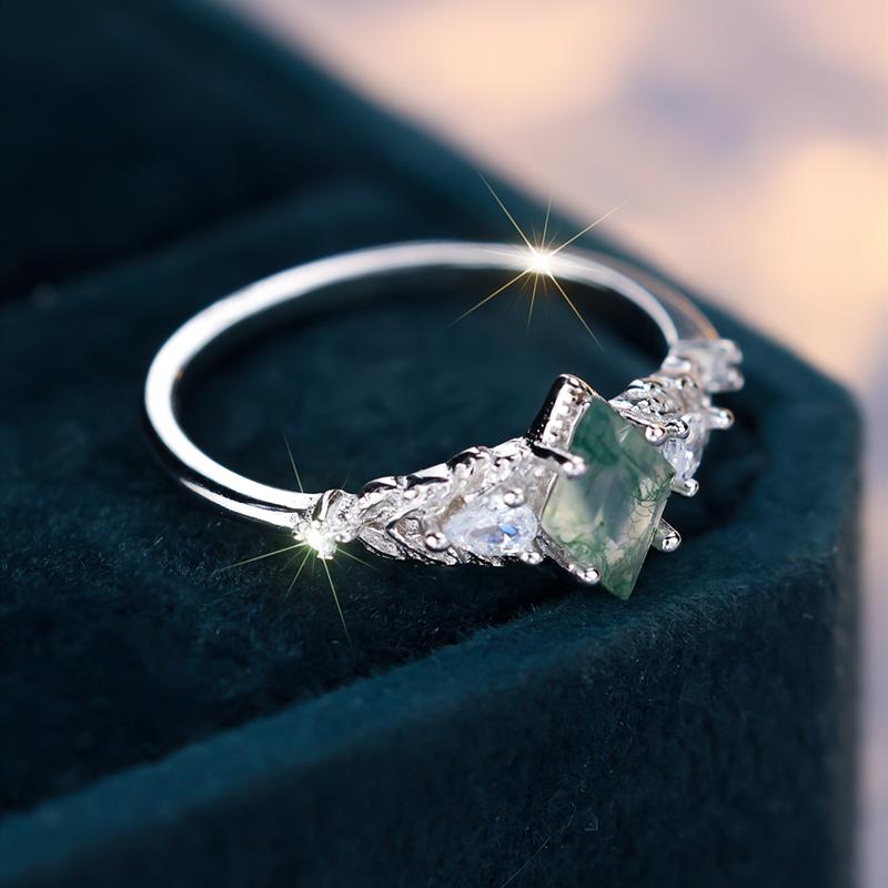 Vintage Grüner Moosstein Achat Ring für Frauen Echt 925 Sterling Silber Hochzeitsschmuck