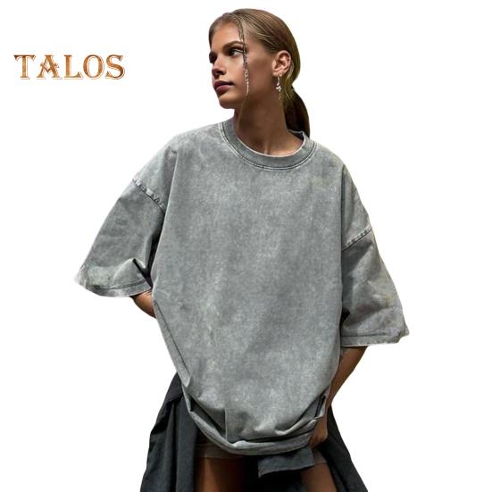 Damen T-Shirt Rundhals Kurzarm Loose Fit T-Shirt Einfarbig Washed Distressed Retro Pullover Tops Streetwear