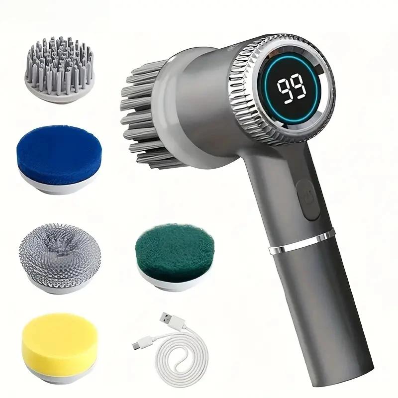 

Электрическая щетка для уборки Многофункциональная Кухонная Ванная Туалет Портативная Мощная Щетка для Чистки 5 Насадок-Щеток Светодиодный Дисплей серый