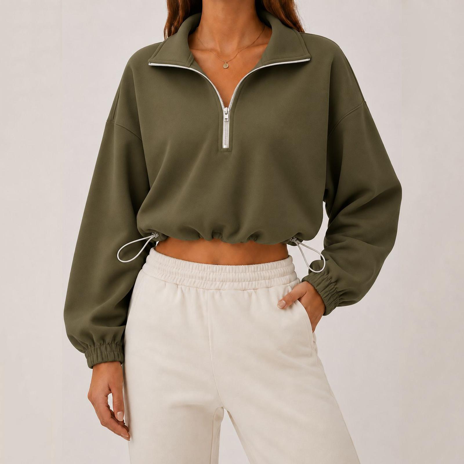 Women s Casual Half Zip Cropped Sweatshirt with Collar Color L армия зеленый