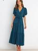 New Style V-Neck Solid Color Short Sleeve Ruched High-Waisted Dress Bohemian Maxi Dress