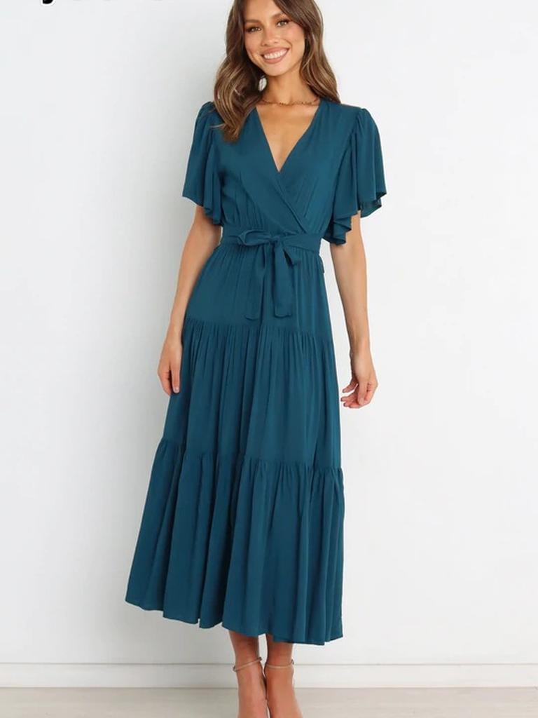 New Style V-Neck Solid Color Short Sleeve Ruched High-Waisted Dress Bohemian Maxi Dress