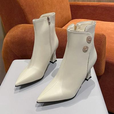 Fashion Women High Heels Ankle Boots New  Autumn Winter Retro Pointed Toe Thick Heel Short Booties Fashion Rhinestone Designer Shoes 024