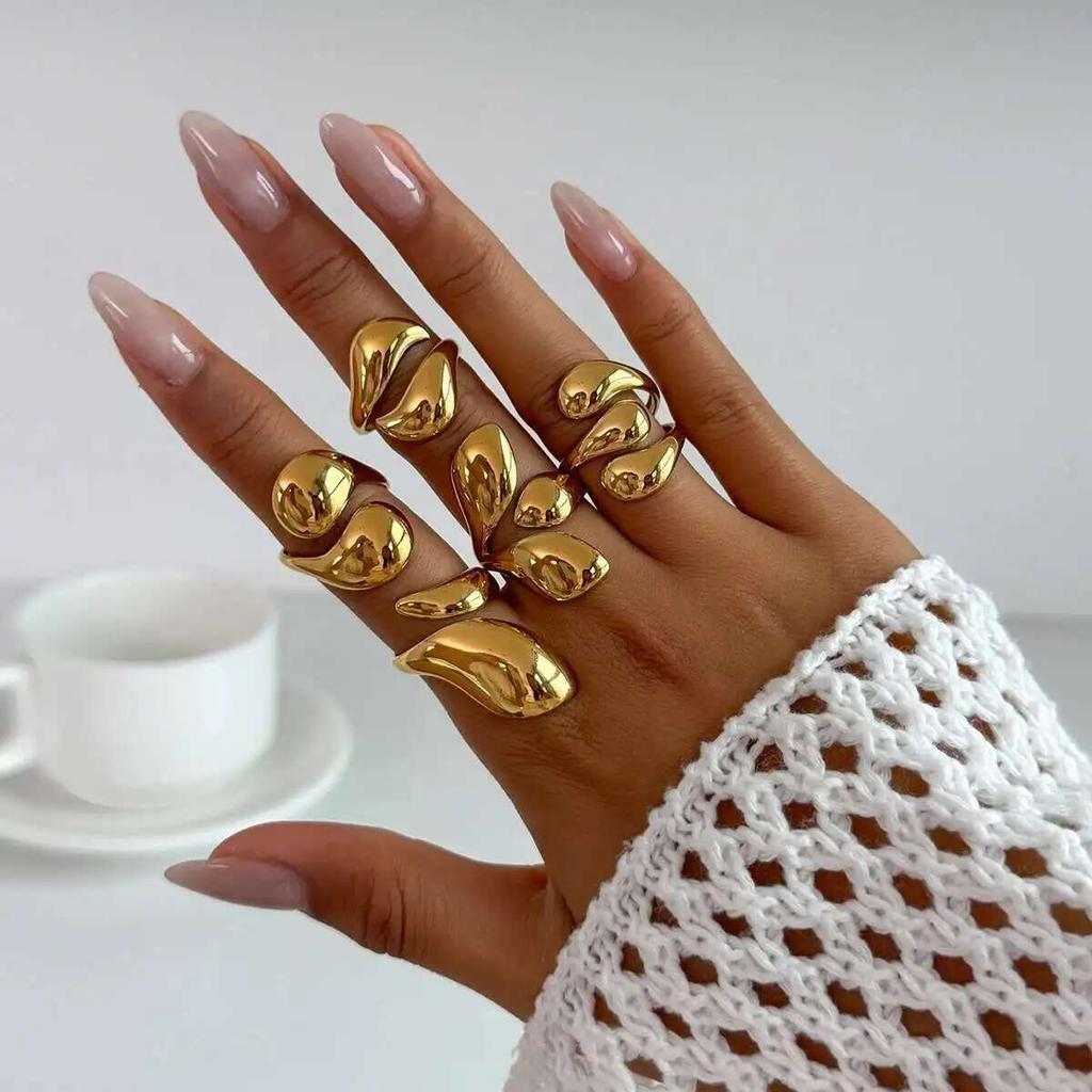 Ingemark 5Pcs/Set Vintage Irregular Droplet Shaped Open Rings Women 2026 Trendy Gold Color Chunky Thick Ring Aesthetic Jewelry