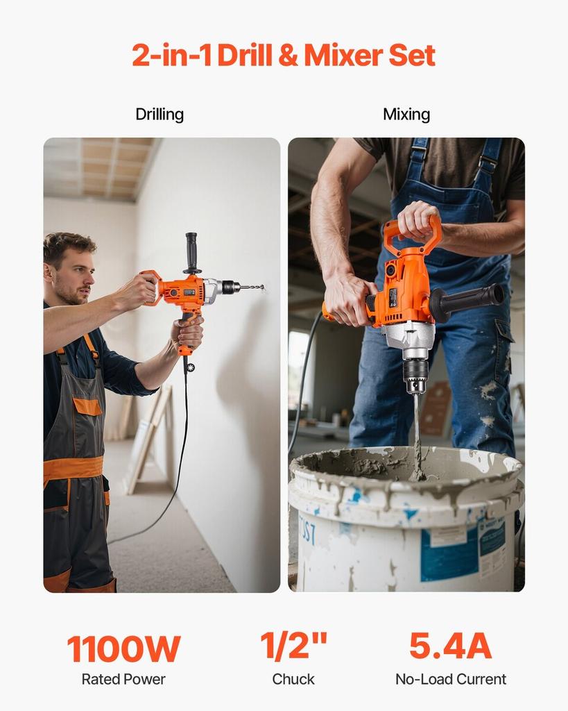 Drill Mixer, 12.7mm Corded Electric Drill Mixer Set, 0-850RPM 3.2A Mixing Drills, Mixing Drills Machine with D-Handle for Drilling & Blending,