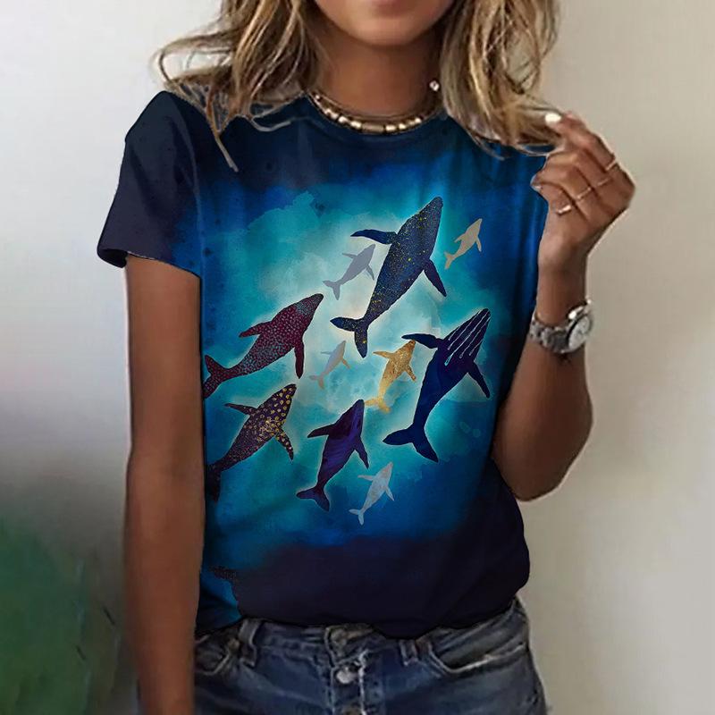 Summer Round Neck 3D Feather Animal Simplicity Print Top Fashionable Casual Short Sleeved Women's T-shirts