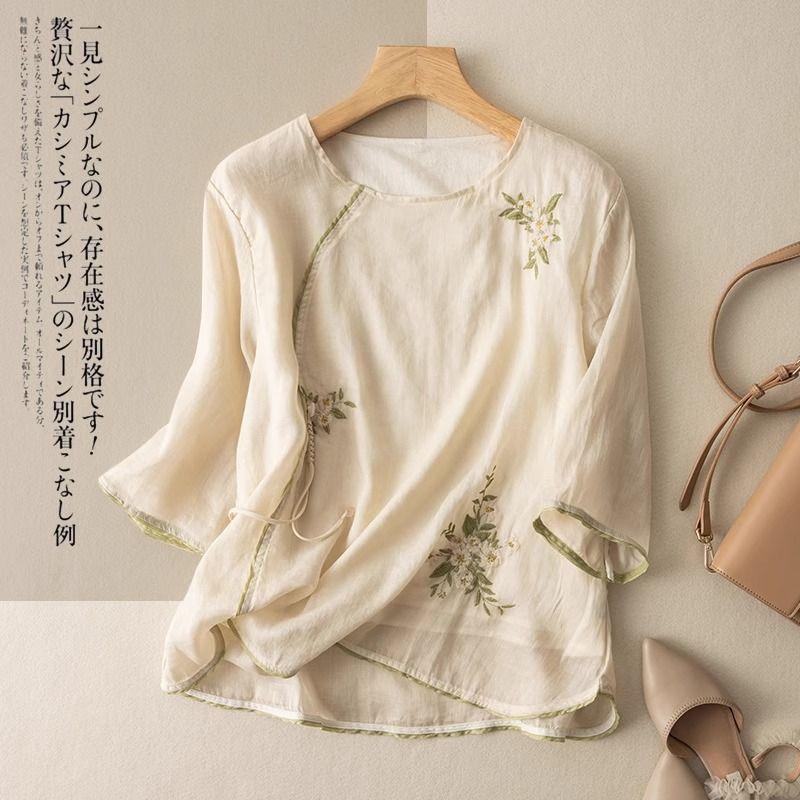 

Хлопковая и льняная литературная и ретро футболка с рукавом три четверти, изысканная вышитая футболка, летняя новая универсальная женская 3XL абрикосовый