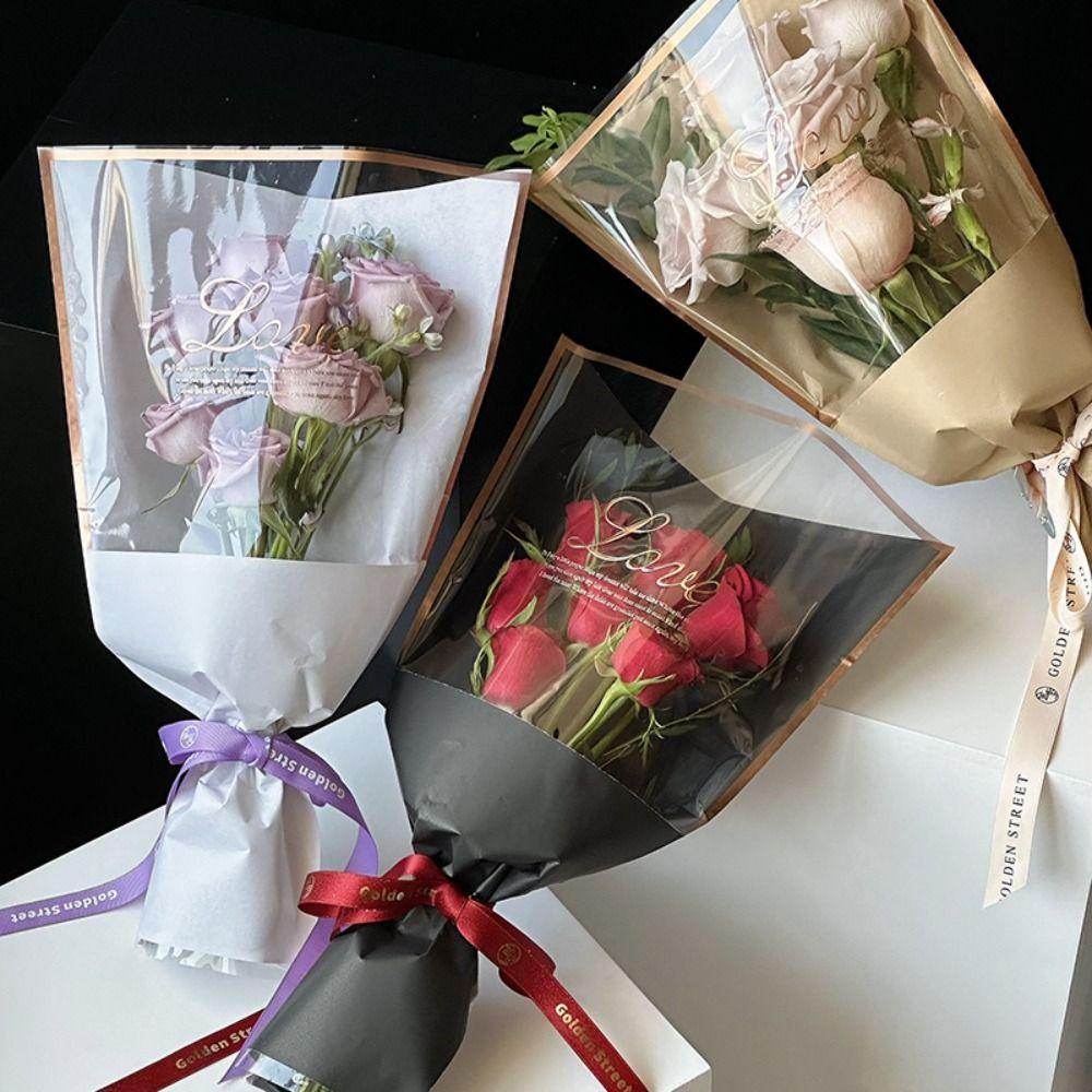 20PCS Kraft Paper Flower Packaging Bag Transparent Flower Paper Bag Bouquet Wrapping
