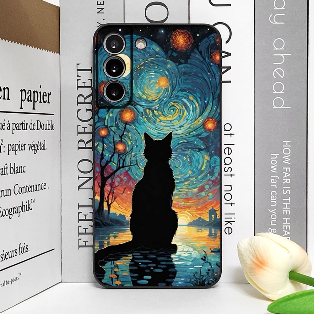 Cute Van-Gogh Starry Night Cat Phone Case for Samsung Galaxy S22 S23 S24 Ultra S25 Plus S21 FE 5G Soft Silicon Cover Fundas Capa